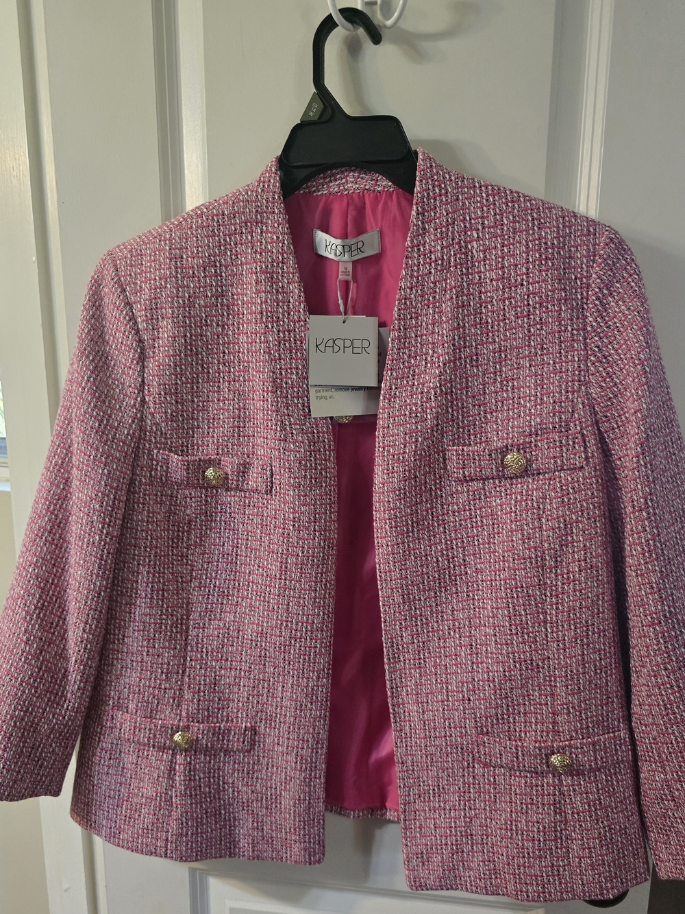 Kasper Pink Tweed Open-Front Blazer with Gold Buttons